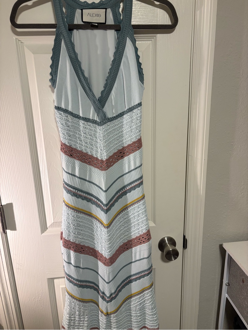 Alexis Pale Blue Crochet Maxi Dress with Rose and Mustard Stripes